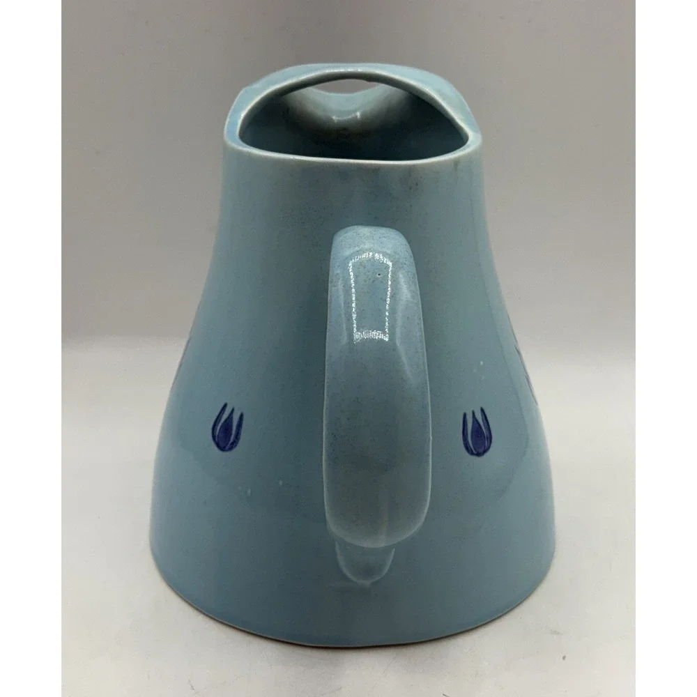 Vintage USA Ceramic Ice Lip Pitcher Light Blue with Dark Blue Tulips Stoneware